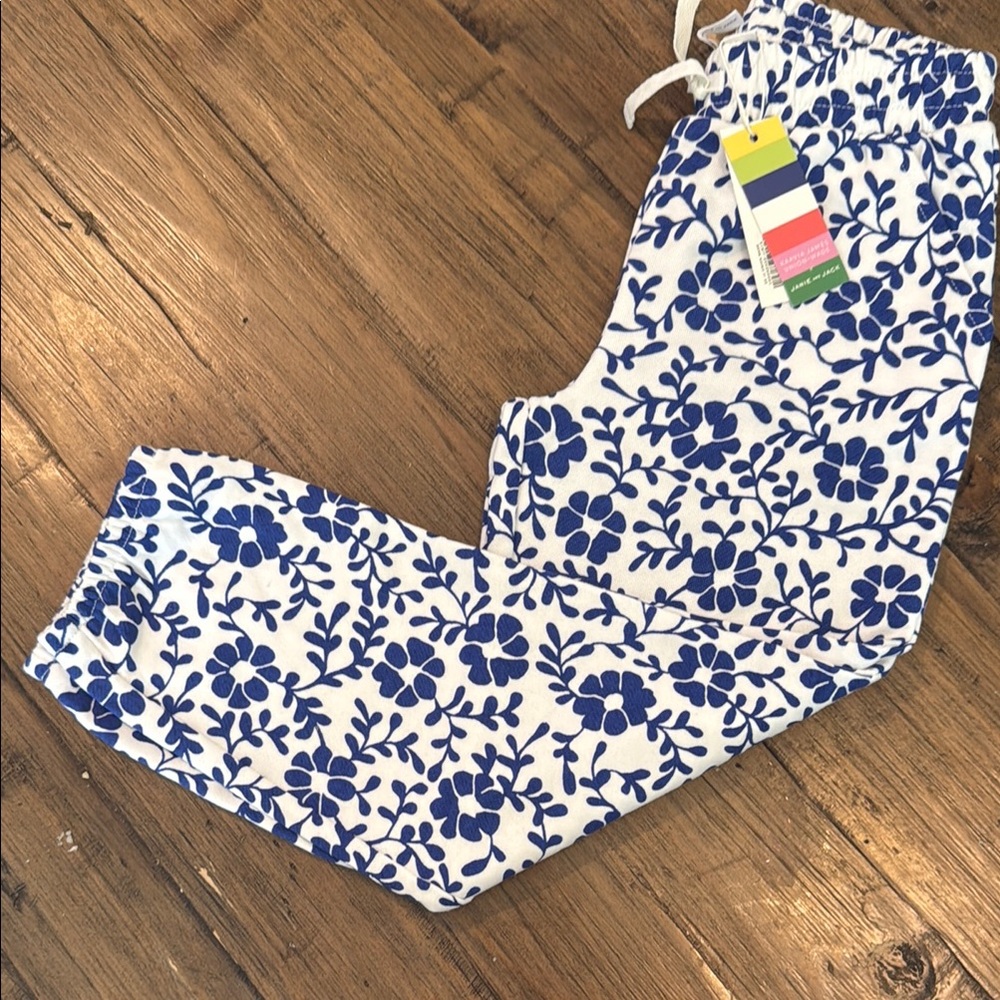 Janie and Jack Blue and White Joggers with Floral Design